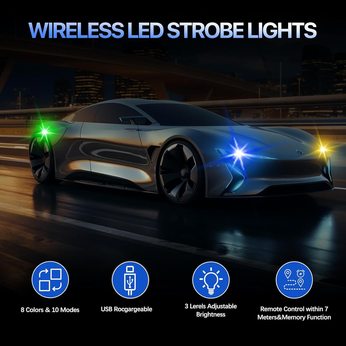 Wireless LED Lights for car,with Remote Control, high Brightness Wireless led Strobe Light 8 Colors USB Charge IP65 Waterproof