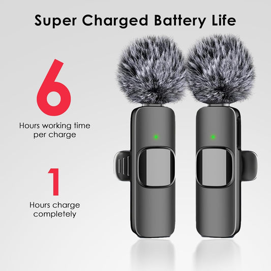 Professional Wireless Lavalier Microphone for iPhone, iPad, Android - 2Pcs Cordless Omnidirectional Condenser Recording Mic with USB-C Audio Charging