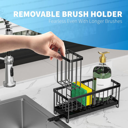 Sponge Holder for Kitchen Sink, Sink Caddy Organizer with High Brush Holder, Kitchen Countertop Organizers and Storage Essentials, Rustproof 304 Stainless Steel, Soap Dispenser Organize
