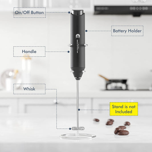 Powerful Milk Frother Wand - Mini Handheld Milk Frother with Stainless Steel Whisk - Battery-Powered Drink Mixer