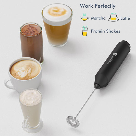 Powerful Milk Frother Wand - Mini Handheld Milk Frother with Stainless Steel Whisk - Battery-Powered Drink Mixer