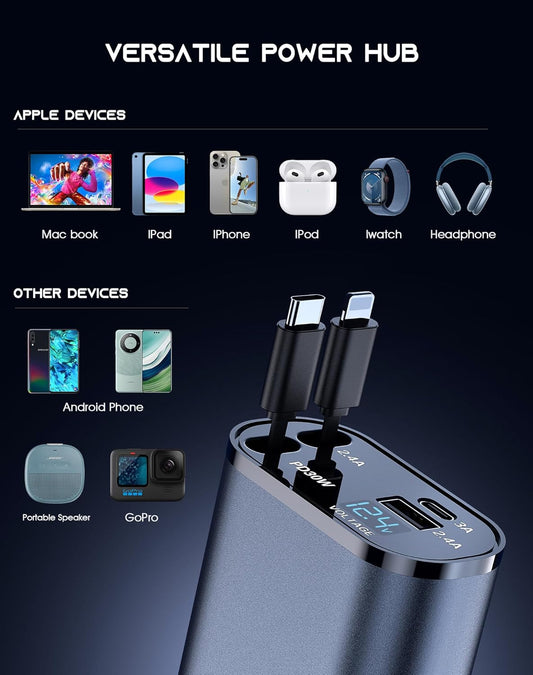 Retractable Car Charger, 4 in 1 Fast Charge Car Phone Charger, 2 Retractable Cables(2.6ft) and 2 USB Ports, Compatible with iPhone15/14/15 Pro Max,Samsung