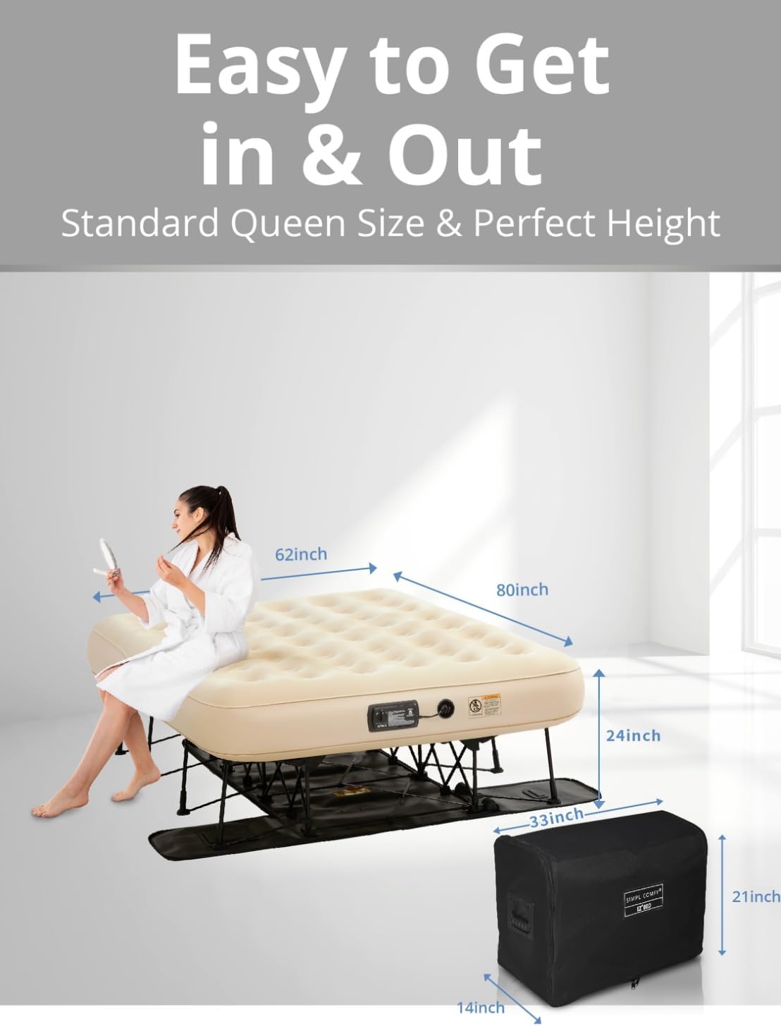 EZ Bed Self-Inflating Air Mattress with Built-in Frame, Pump and Wheeled Case, Blow Up Inflatable Rolling Air Bed on Wheels