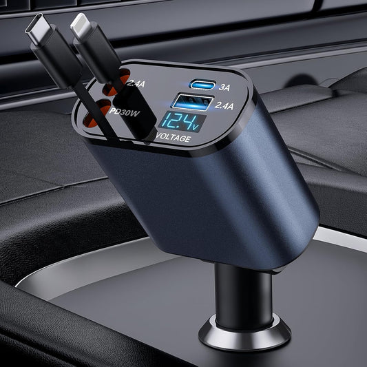 4-in-1 Retractable Car Charger – Dual USB Ports & 2 Cables (2.6ft) for Fast Charging iPhone 15/14/Pro Max & Samsung Devices
