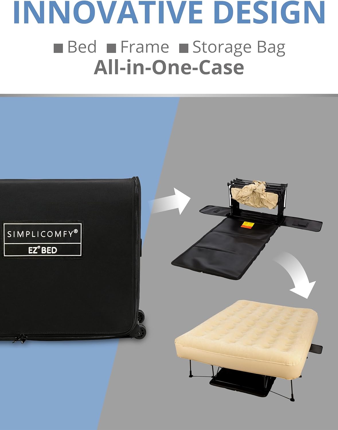 EZ Bed Self-Inflating Air Mattress with Built-in Frame, Pump and Wheeled Case, Blow Up Inflatable Rolling Air Bed on Wheels